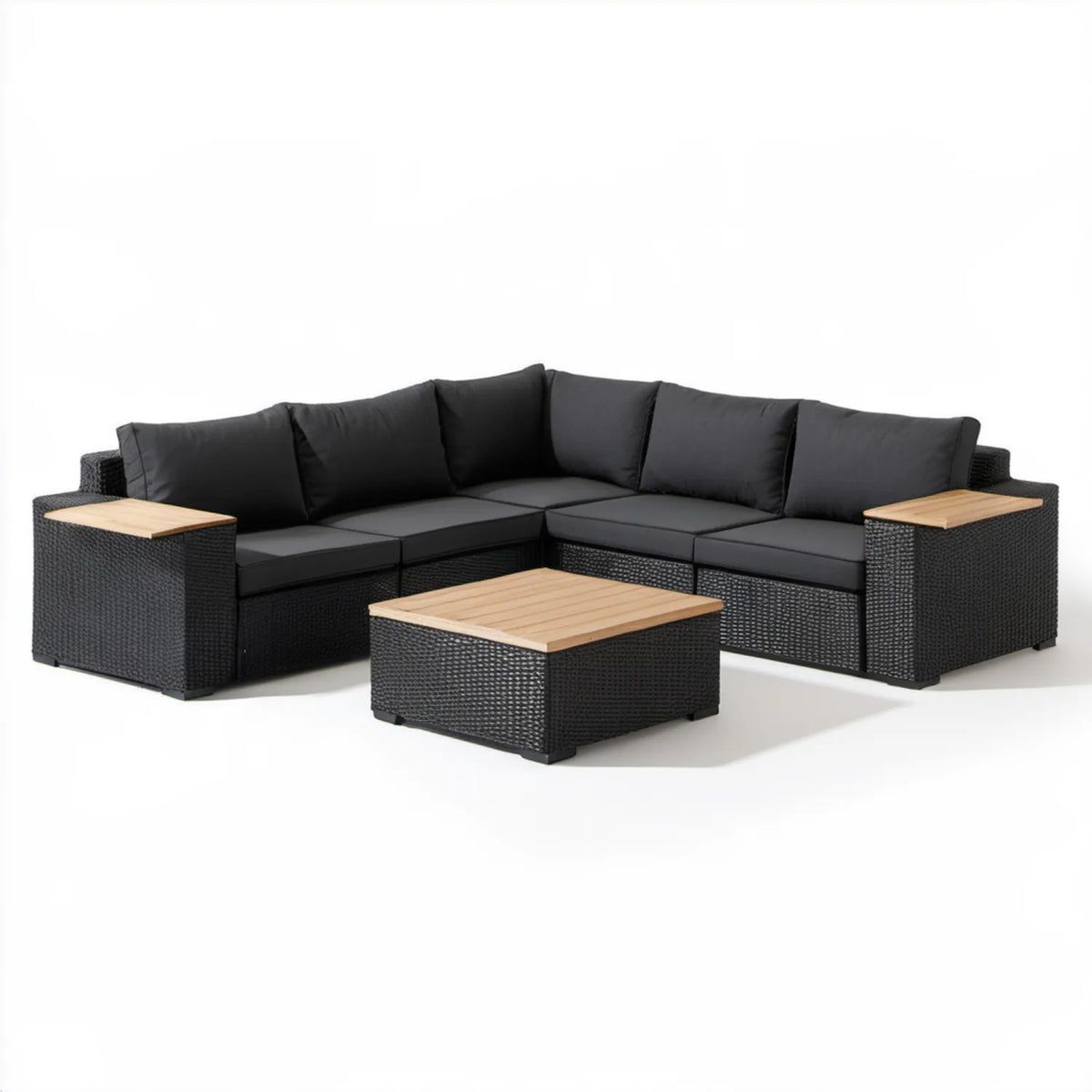 Modułowy narożnik ogrodowy z technorattanu 220 x 220 x 65 cm czarny, ciemnoszary i jasnobrązowy
