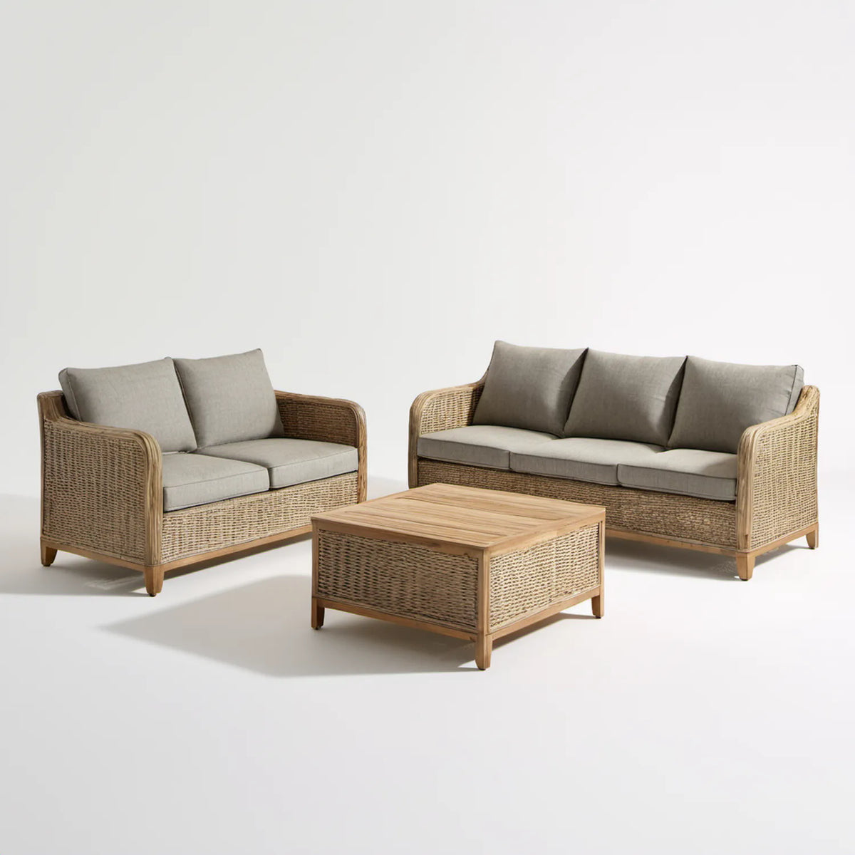 3-częściowy zestaw wypoczynkowy z drewna akacjowego i technorattanu PE, brązowo-beżowo-szary, sofa 3-osobowa 190 × 75 × 80 cm