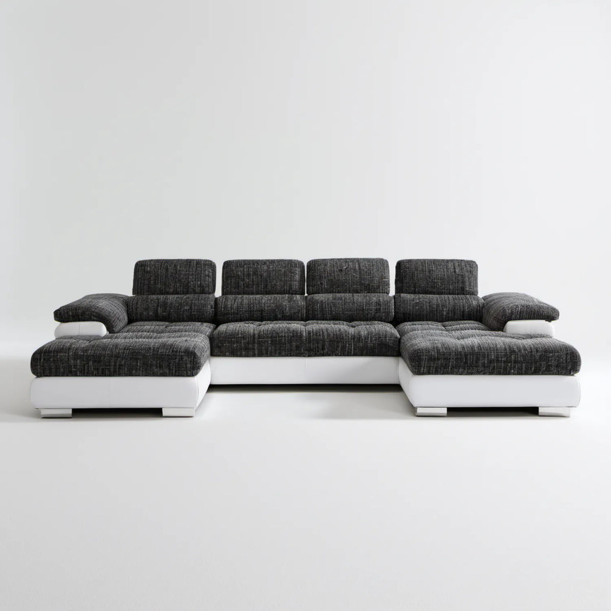 Modułowa sofa w kształcie U z regulowanymi zagłówkami, ciemnoszaro-biała, 330 x 200 x 90 cm