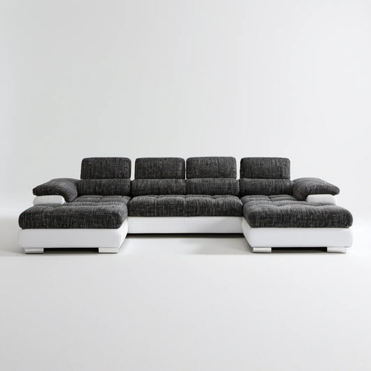 Modułowa sofa w kształcie U z regulowanymi zagłówkami, ciemnoszaro-biała, 330 x 200 x 90 cm