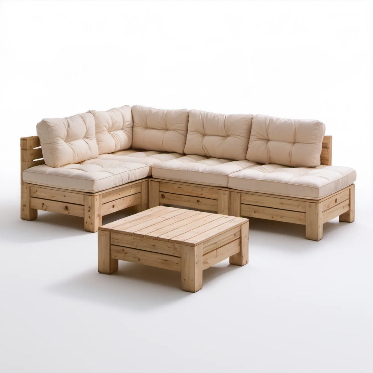 Narożna sofa ogrodowa z litego drewna sosnowego ze stolikiem i beżowymi poduszkami, 210 x 210 x 75 cm