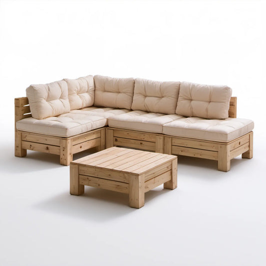 Narożna sofa ogrodowa z litego drewna sosnowego ze stolikiem i beżowymi poduszkami, 210 x 210 x 75 cm