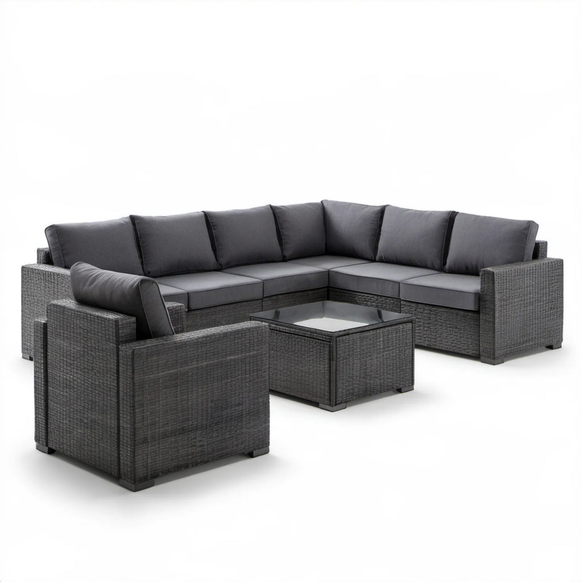 Grafitowo-czarny narożny zestaw ogrodowy z technorattanu, sofa 230 × 230 cm, fotel i stolik