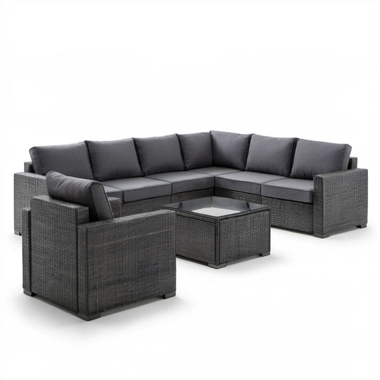 Grafitowo-czarny narożny zestaw ogrodowy z technorattanu, sofa 230 × 230 cm, fotel i stolik