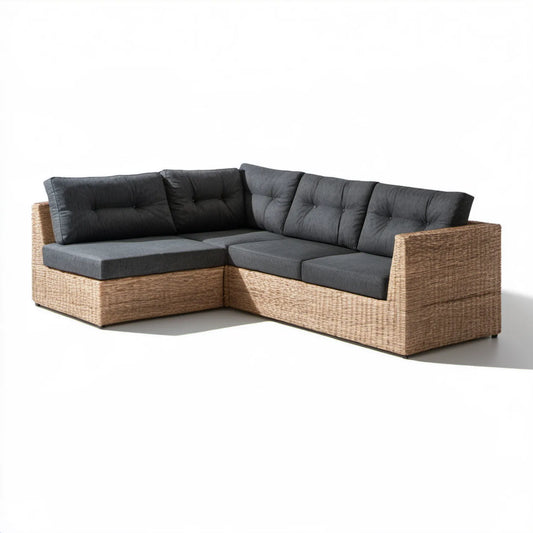 Narożna sofa ogrodowa z technorattanu, beżowa z grafitowymi poduszkami, 240 x 170 x 70 cm
