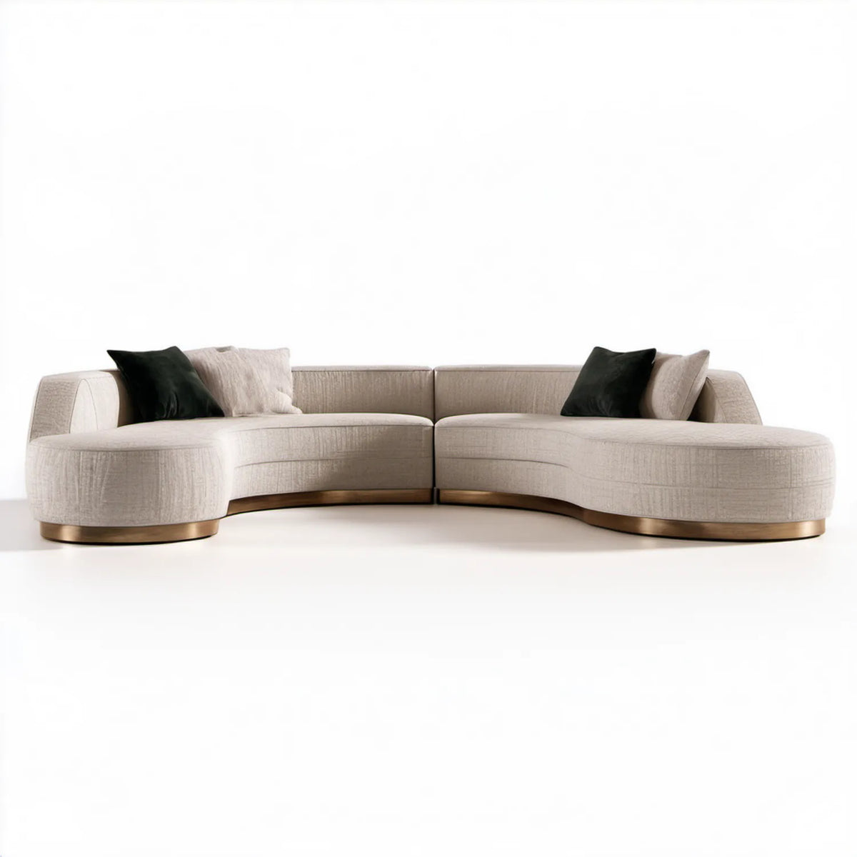 Łukowa sofa modułowa 4-osobowa z tapicerką poliestrową, beżowa ze złotobrązową podstawą, 360 × 110 × 75 cm