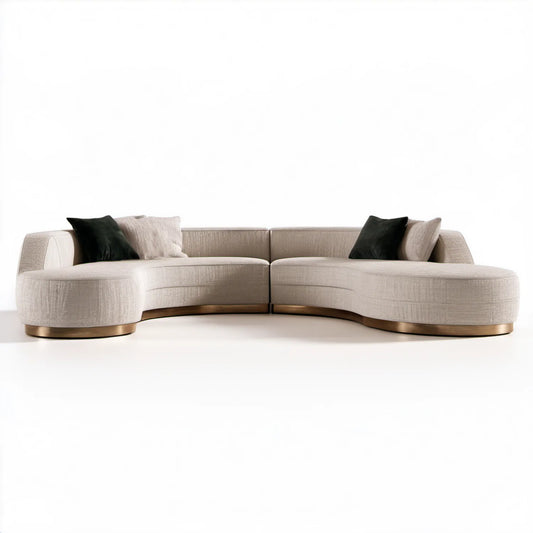 Łukowa sofa modułowa 4-osobowa z tapicerką poliestrową, beżowa ze złotobrązową podstawą, 360 × 110 × 75 cm