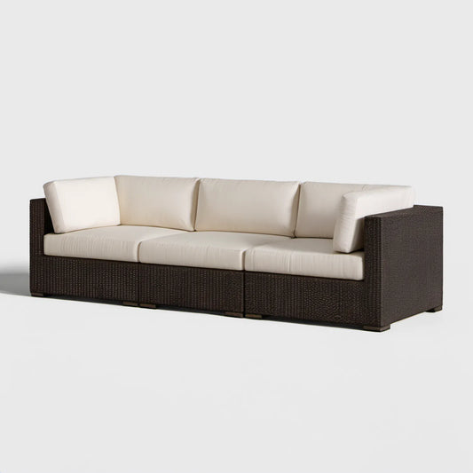 Trzyosobowa sofa ogrodowa z technorattanu PE, ciemnobrązowa z kremowymi poduszkami, 220 x 85 x 65 cm