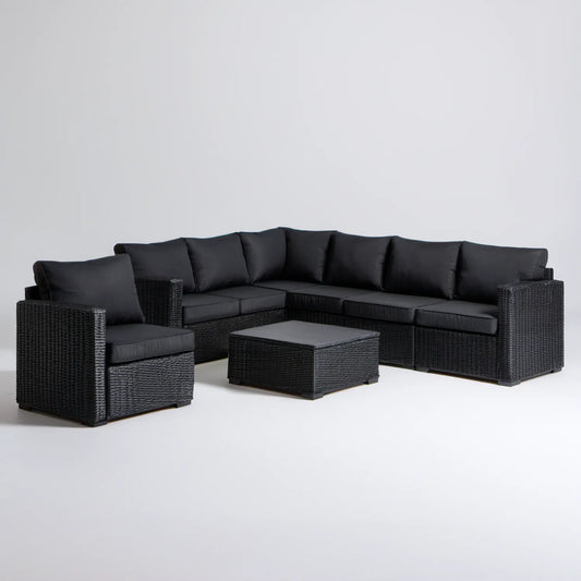 4-częściowy czarny komplet wypoczynkowy z technorattanu, sofa narożna 250 × 180 × 65 cm
