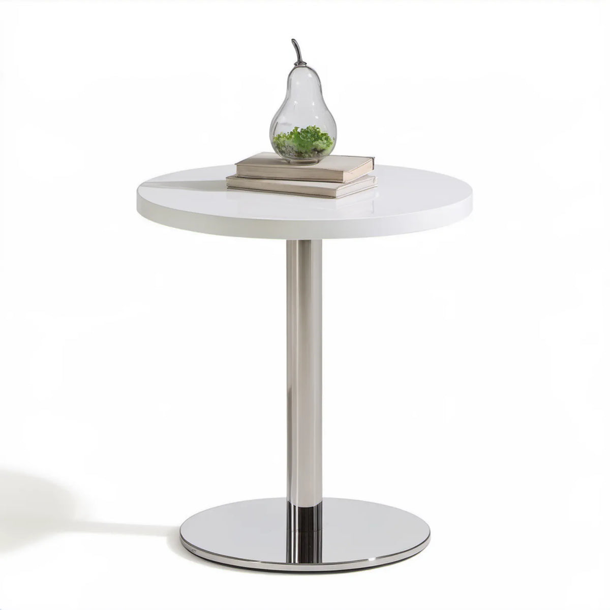 Okrągły biały blat MDF ze chromowaną stalową podstawą, Ø 50 cm, wys. 60 cm