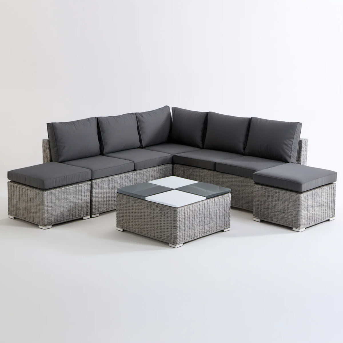 Modułowy narożnik ogrodowy z technorattanu 210 x 210 x 65 cm Szary z ciemnoszarymi poduszkami