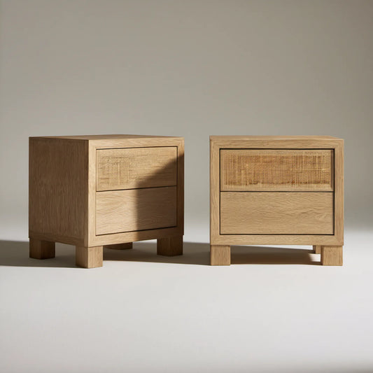 Zestaw 2 szafek nocnych z 2 szufladami, dąb naturalny i rattan, 45 × 40 × 55 cm