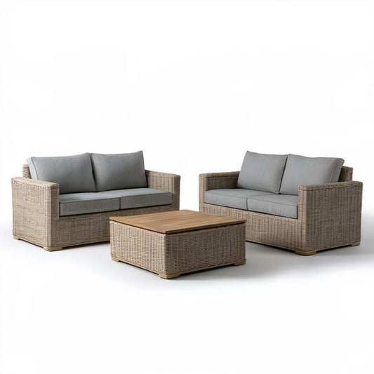 Beżowo-szary zestaw z technorattanu: 2 sofy 142 x 78 x 74 cm i stolik 100 x 60 x 42 cm
