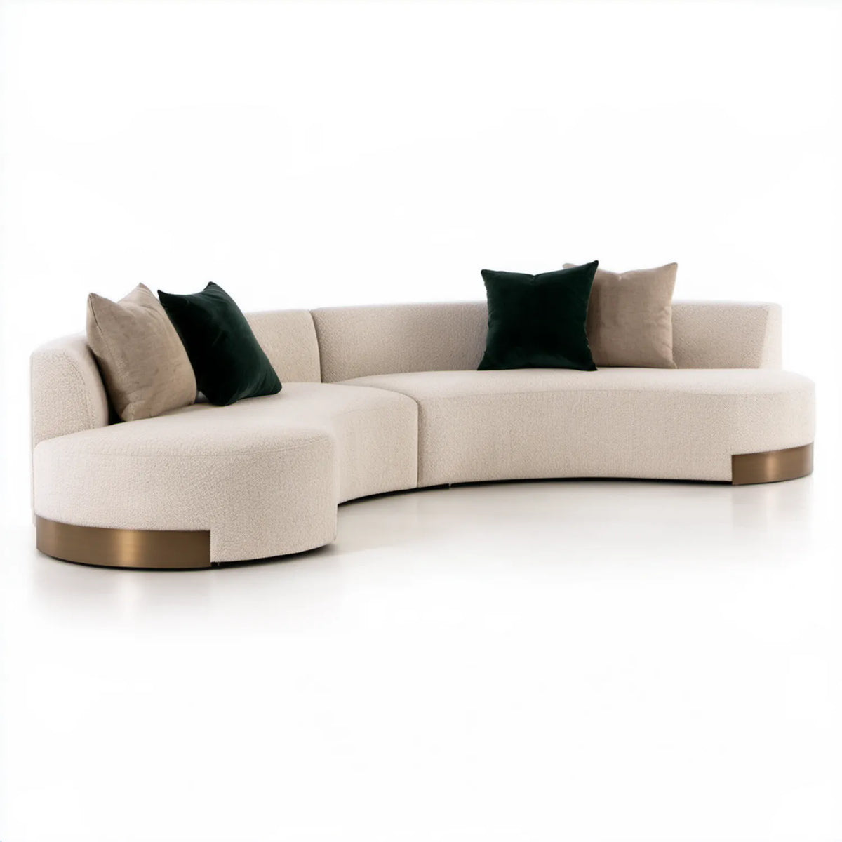Półokrągła sofa do salonu bouclé beżowa z brązową podstawą, 280 × 115 × 75 cm
