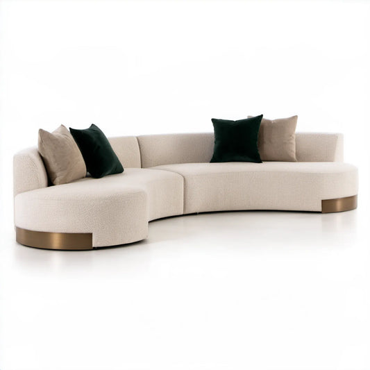 Półokrągła sofa do salonu bouclé beżowa z brązową podstawą, 280 × 115 × 75 cm