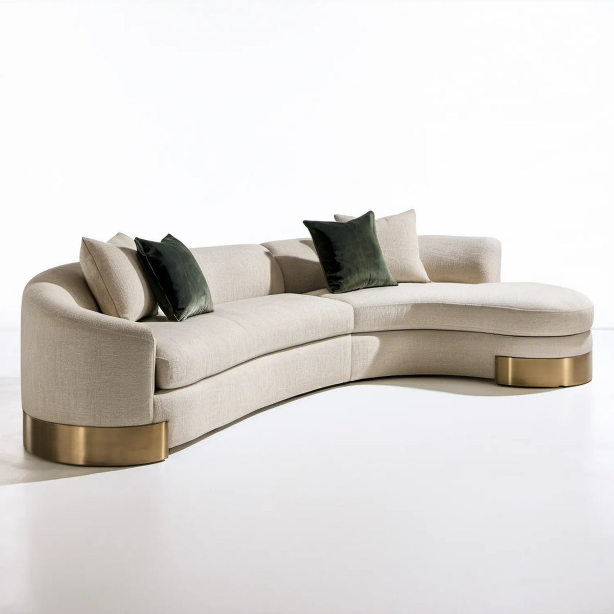Łukowa sofa 3-osobowa z tkaniny poliestrowej, beżowa ze złotymi elementami, 280 × 105 × 78 cm